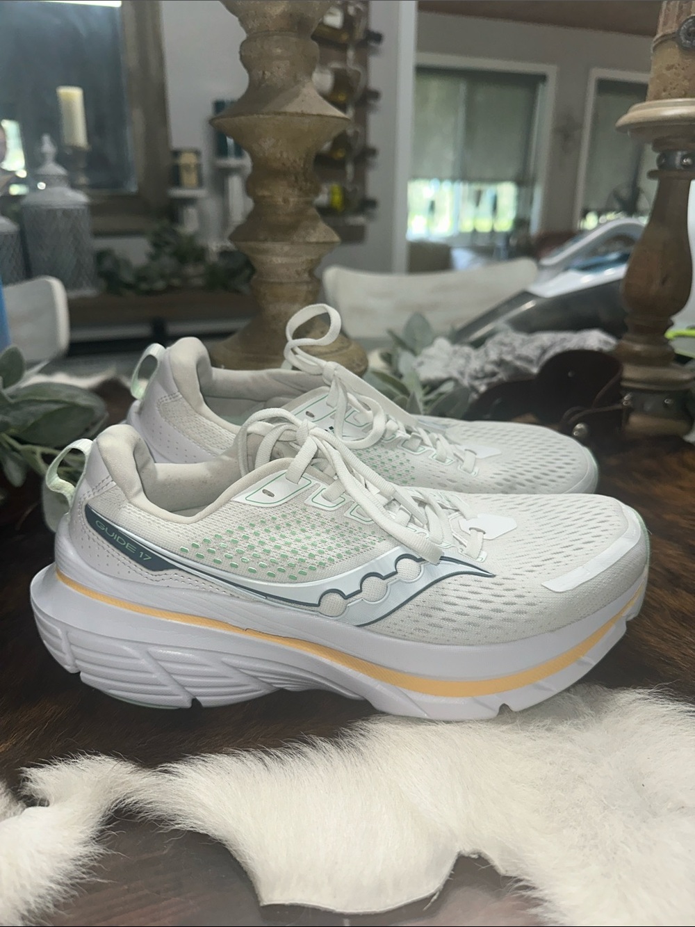 Saucony Women's White Sneakers with Mint and Pale Yellow Accents